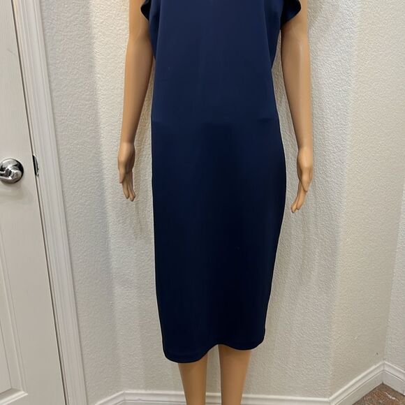 New York & Company Dress Large V Neck Flutter Sleeve Midi Navy Blue Zipper Back - Picture 5 of 12